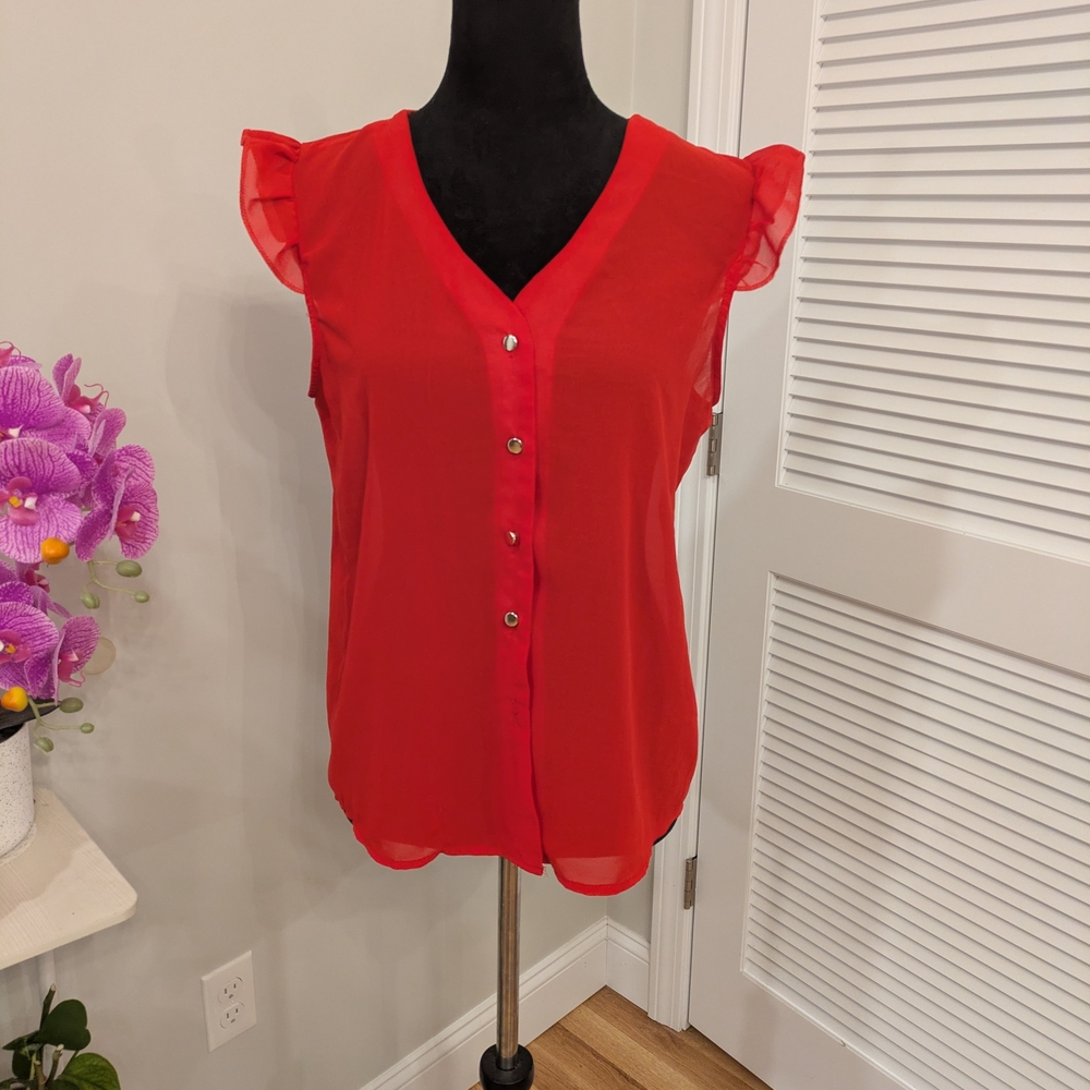 Elegant Red Button-Down Blouse with Ruffle Sleeves Size L